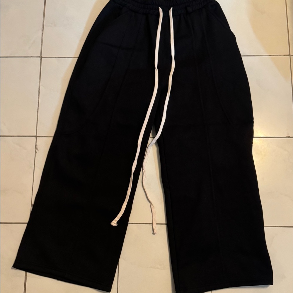 Black Wide-Leg Pants with White Drawstring